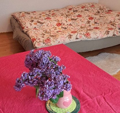 Helle Töpferei mit bunten Töpfen, Regalen und Werkstattutensilien.